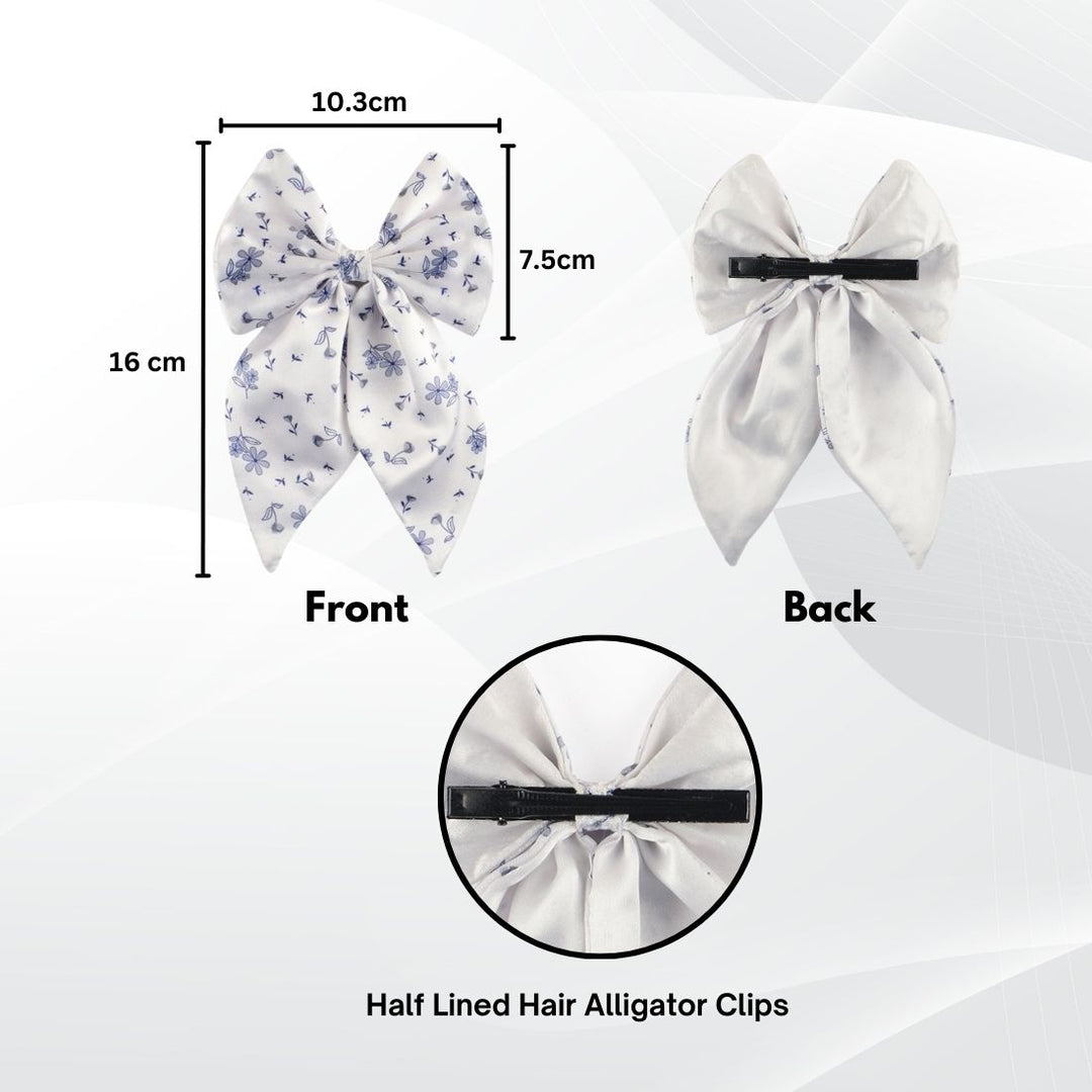 Satin Floral White Print Hair Bow Clip For Women & Girls Set of 1