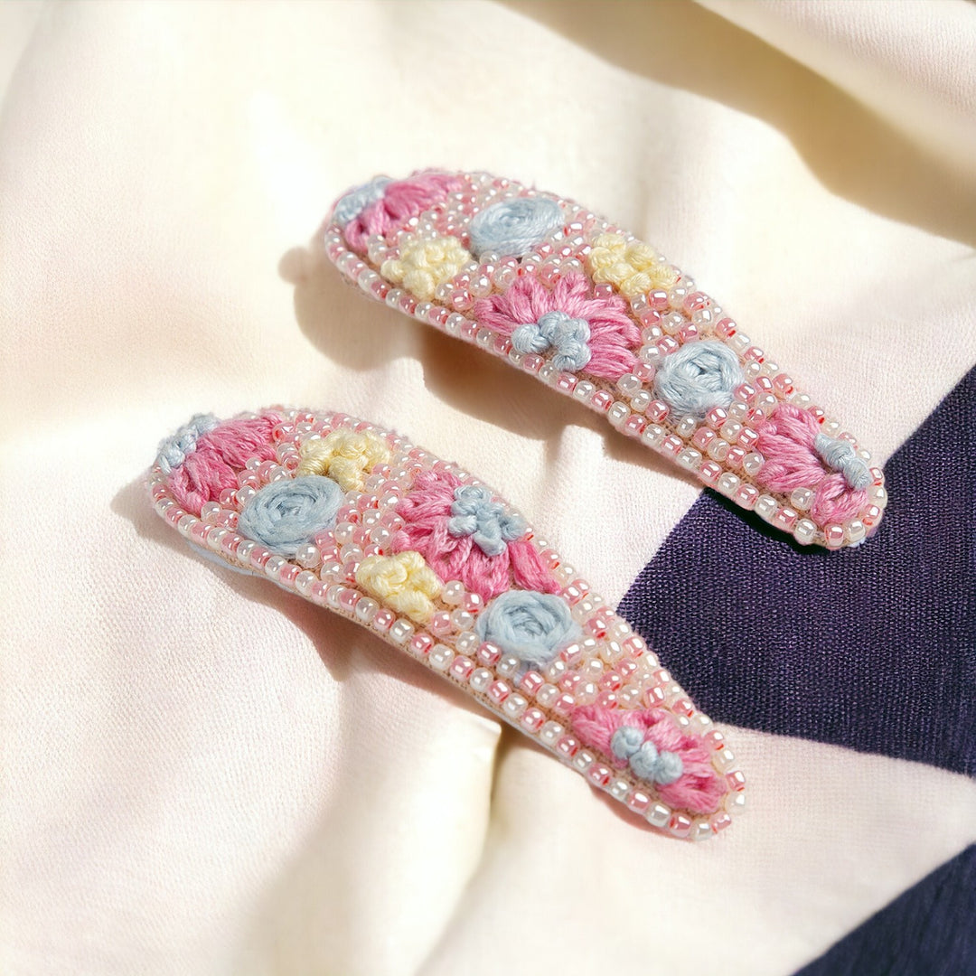 Hand Embroidered Pink Floral Hair Clip For Women 1 Pair