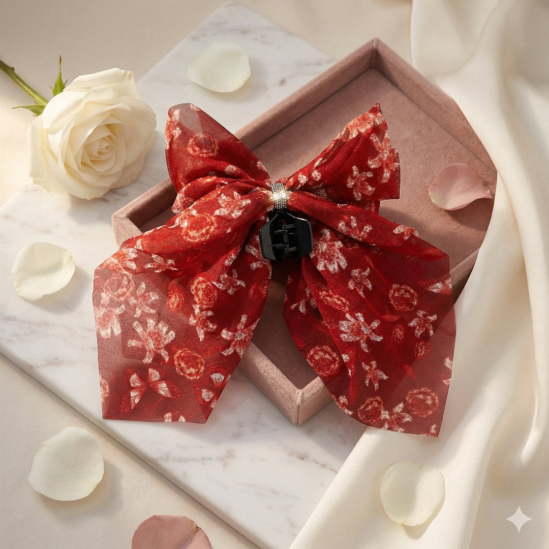 Women’s Red Floral Printed Fabric Hair Claw Clip for Girls & Women | Set of 1 Stylish Hair Accessory
