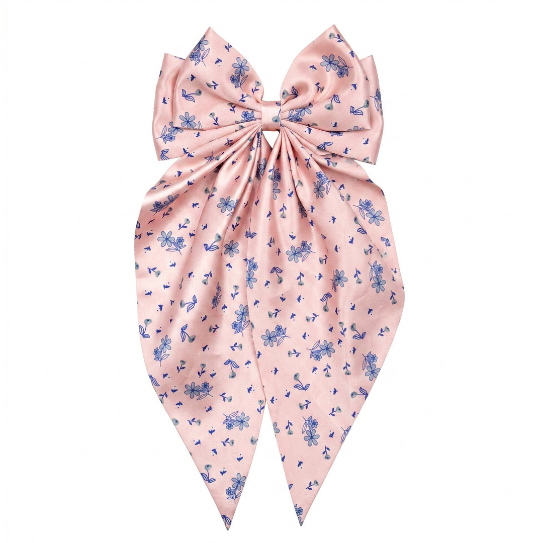 Radhu & Kabby Floral Print Satin Hair Bow Clips for Girls & Women | Soft Fabric Long Tail Hair Accessories | Pack of 2