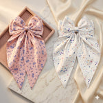 Load image into Gallery viewer, Radhu &amp; Kabby Floral Print Satin Hair Bow Clips for Girls &amp; Women | Soft Fabric Long Tail Hair Accessories | Pack of 2
