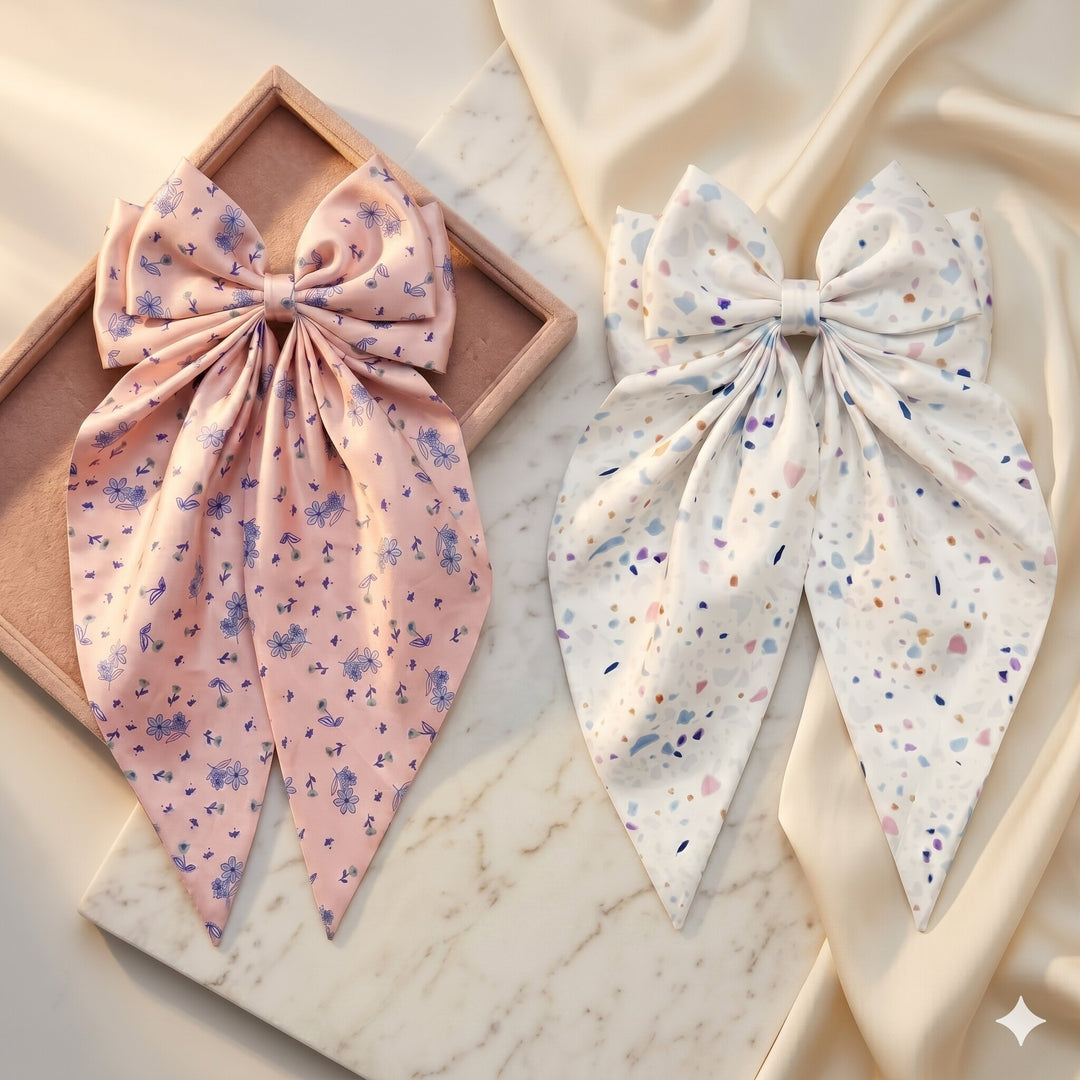 Radhu & Kabby Floral Print Satin Hair Bow Clips for Girls & Women | Soft Fabric Long Tail Hair Accessories | Pack of 2