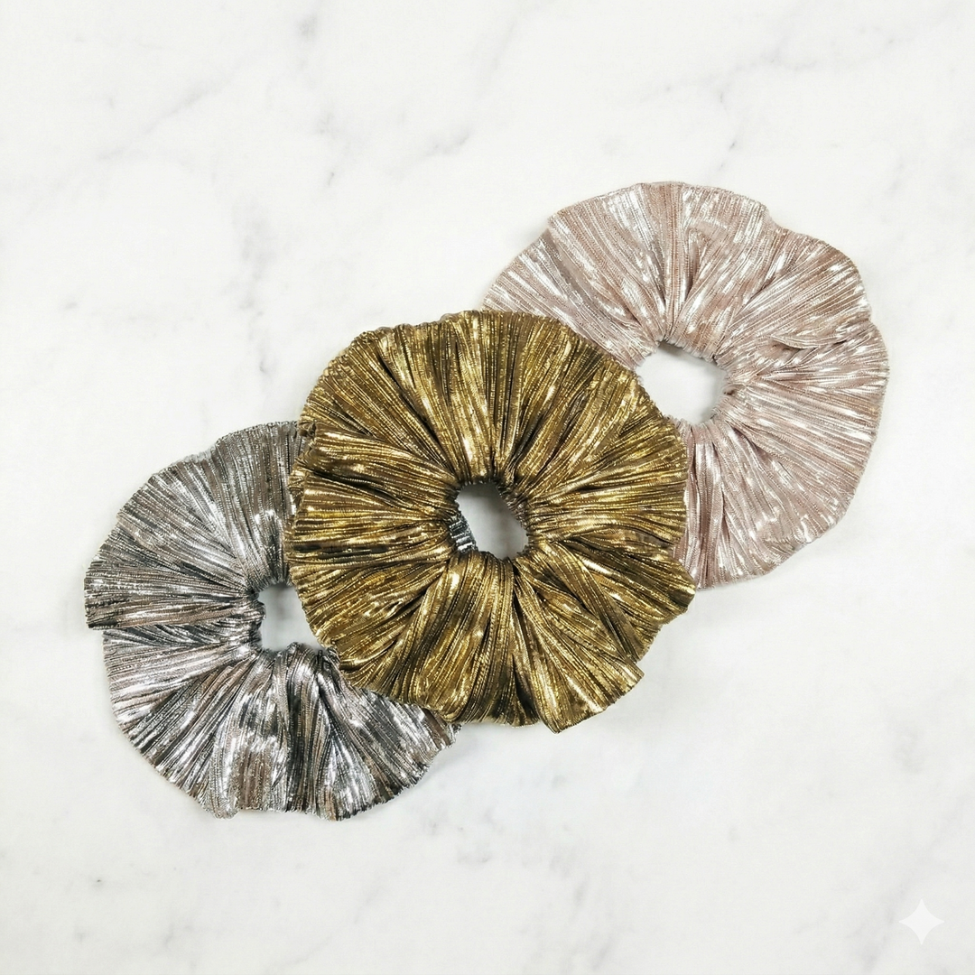 Radhu & Kabby Jumbo Metallic Hair Scrunchie for Women & Girls | Shiny Pleated Elastic Ponytail Holder | Pack of 3