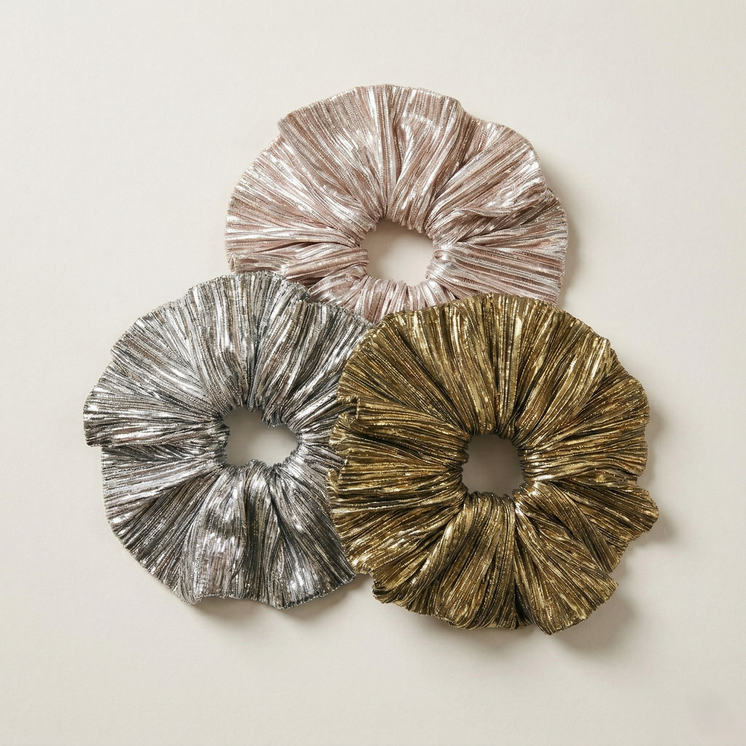 Radhu & Kabby Jumbo Metallic Hair Scrunchie for Women & Girls | Shiny Pleated Elastic Ponytail Holder | Pack of 3
