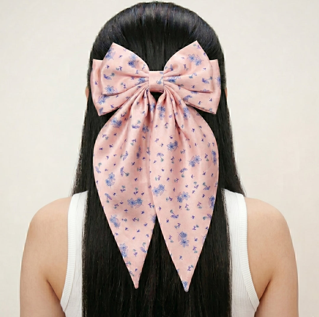Radhu & Kabby Floral Print Satin Hair Bow Clips for Girls & Women | Soft Fabric Long Tail Hair Accessories | Pack of 2