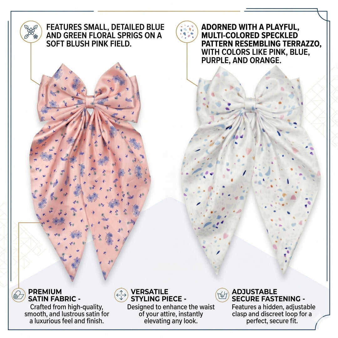 Radhu & Kabby Floral Print Satin Hair Bow Clips for Girls & Women | Soft Fabric Long Tail Hair Accessories | Pack of 2