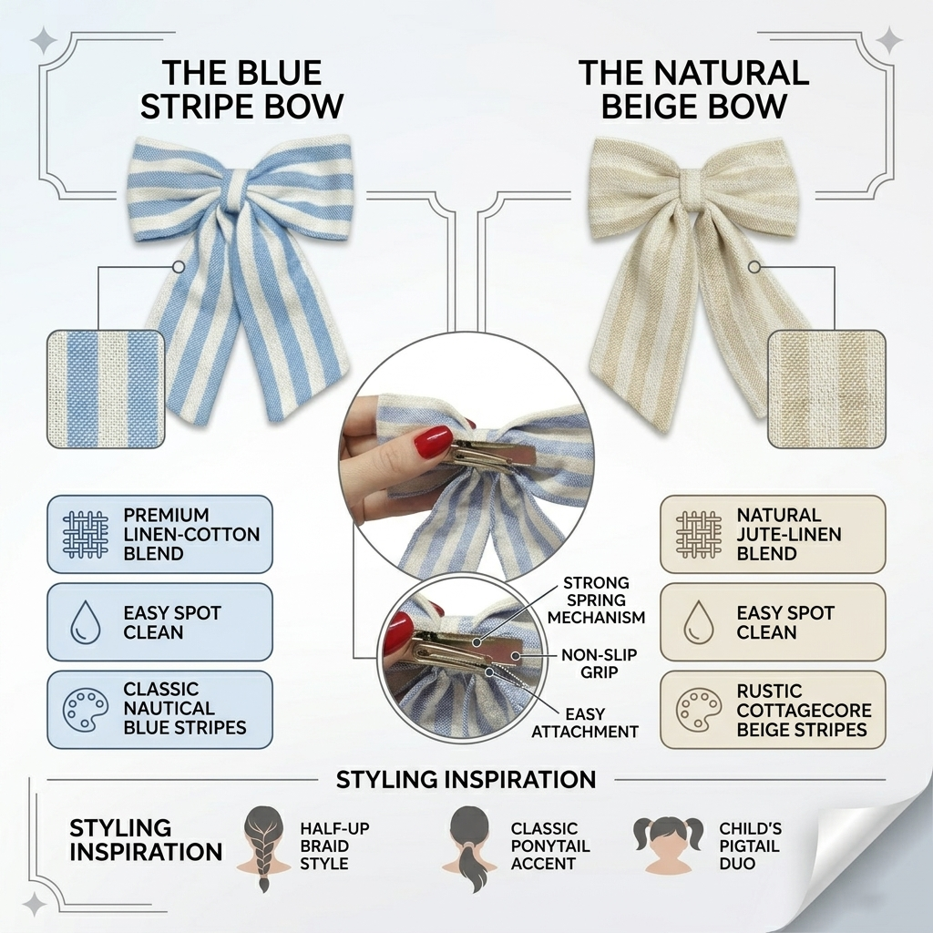 Radhu & Kabby Premium Fabric Hair Bow for Women/Girls | Trendy Striped Cotton Hair Bow Accessory | Stylish for Everyday, Party & Casual Wear