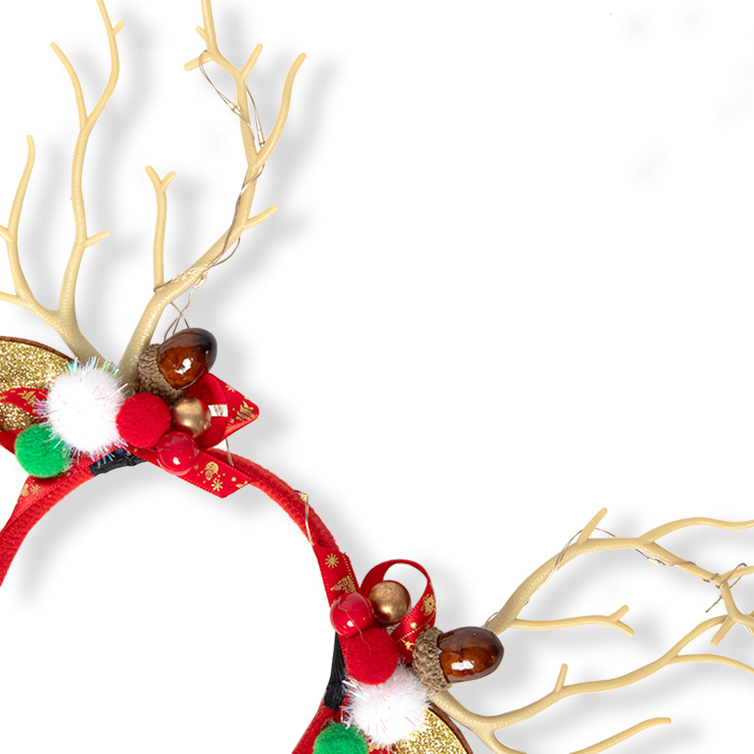 Christmas Red Reindeer Antler Hairband with Pom-Poms & Ornaments - Festive Accessory One Piece