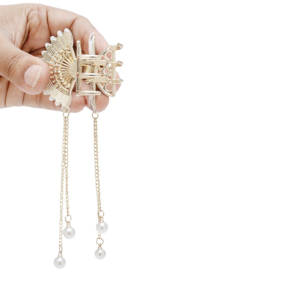 Elegant Butterfly Hair Clutcher with Pearl Chains and White Stones 1 Piece