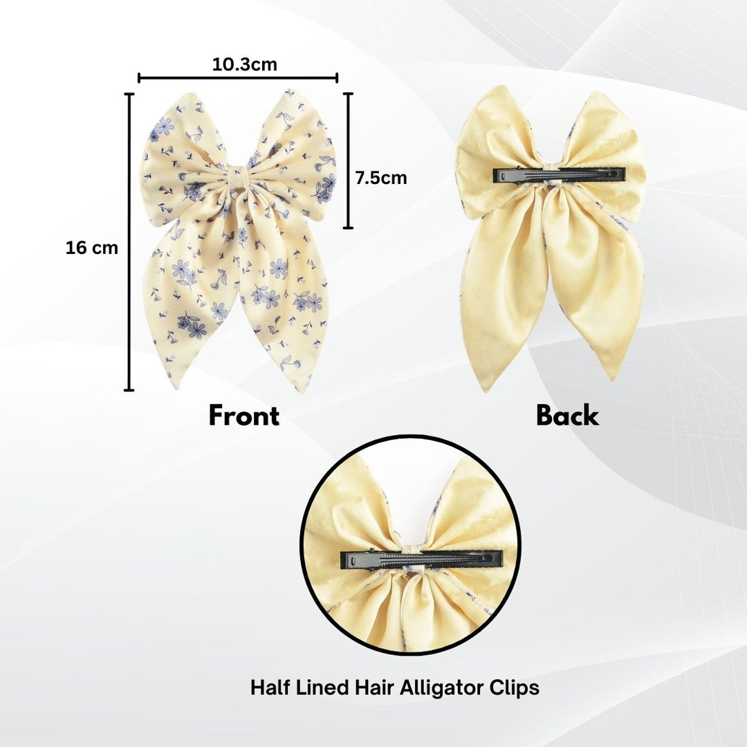 Satin Hairbow Clip Beige Floral Print Set of 1