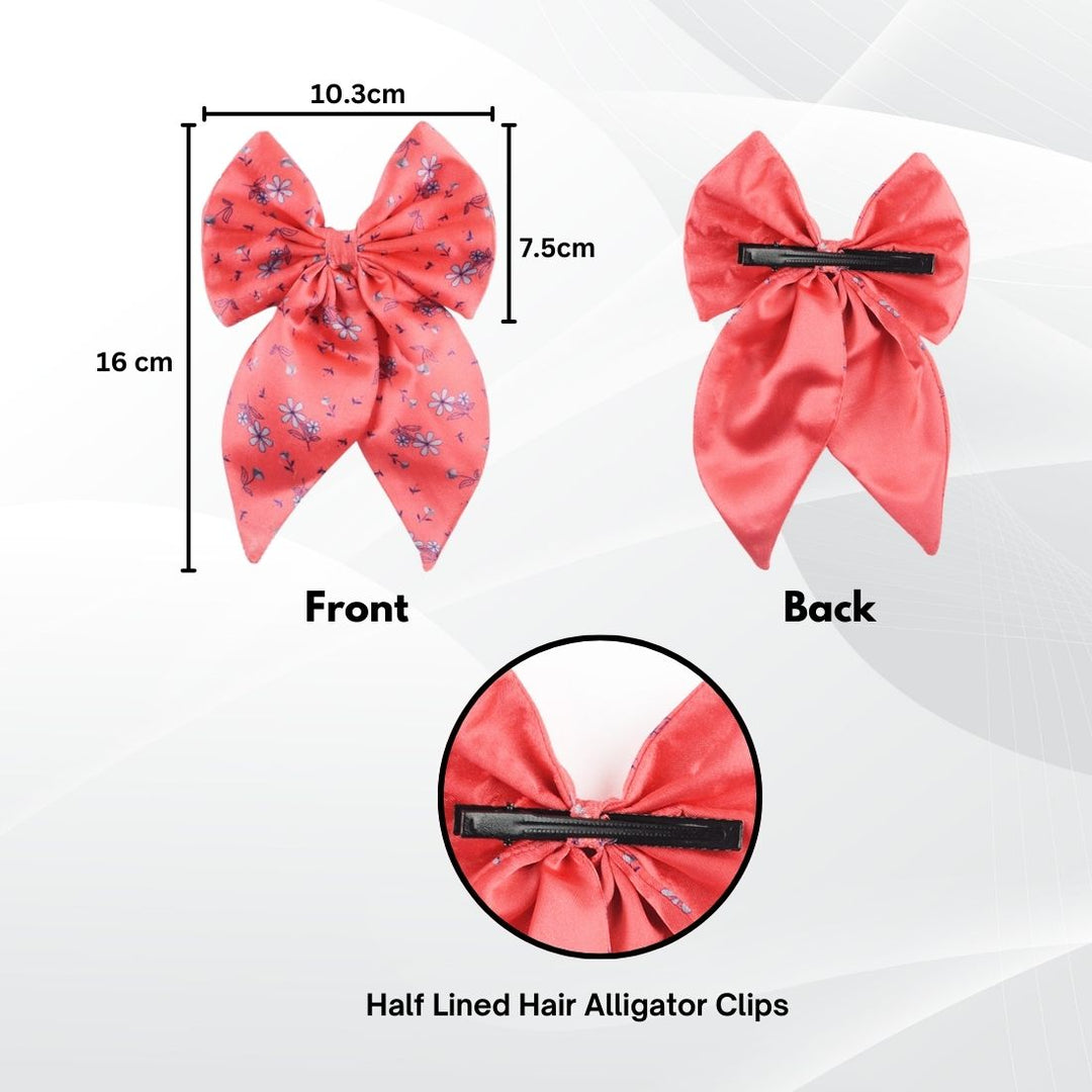 Floral Print Coral Satin Hair Bow Clip Hairpin Pack of 1