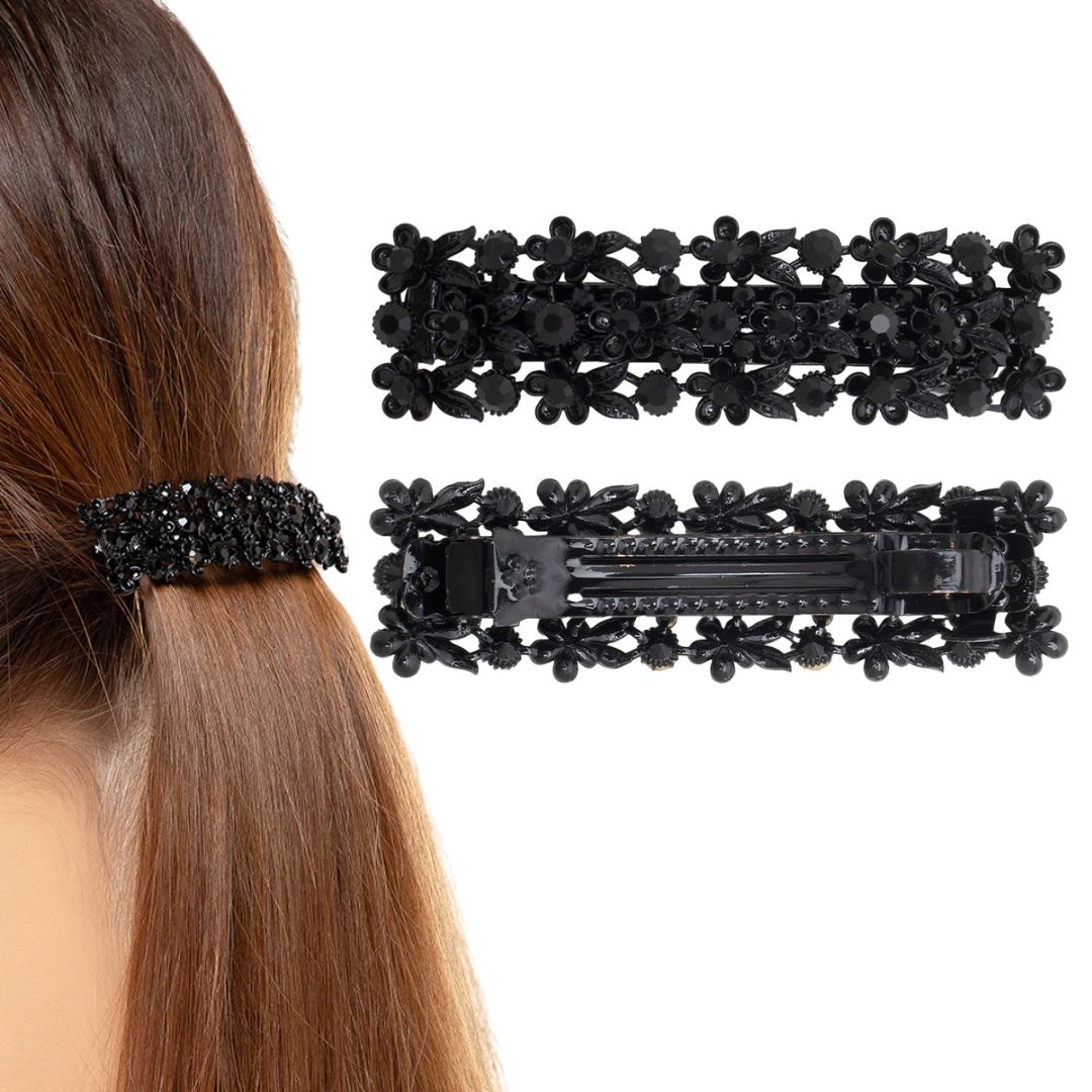 Black Floral Hair Barrette with Crystals For Girls