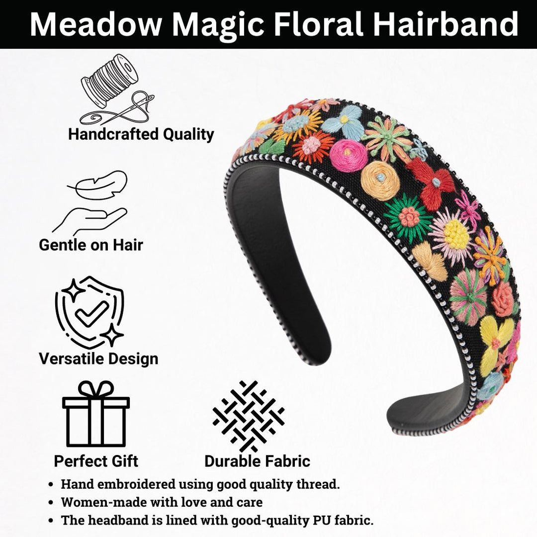 Black Wide Floral Hair Band Hand Embroidered 1 Piece