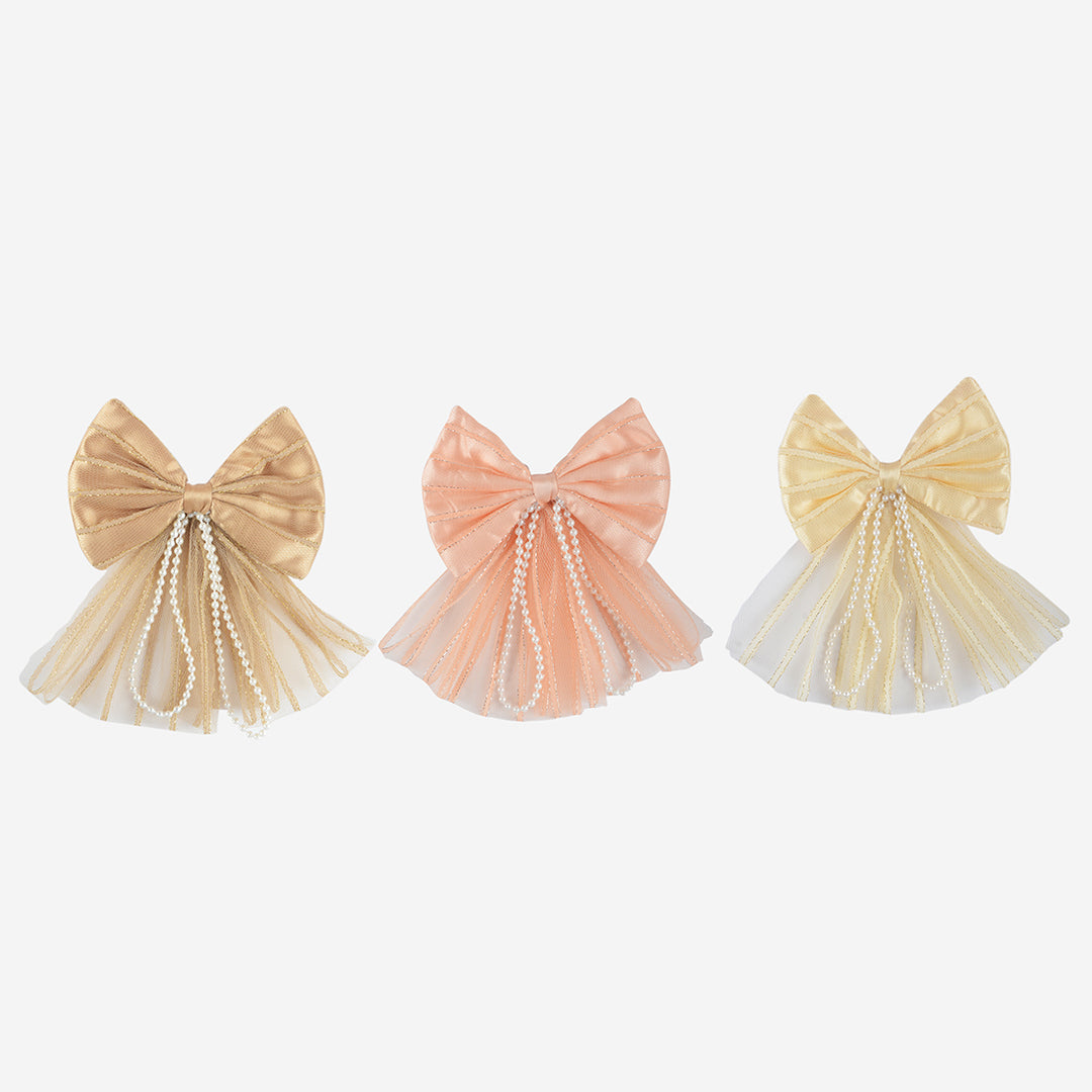 Net Hair Bow Clips with Pearl-Embellished Multi colour Set of 3