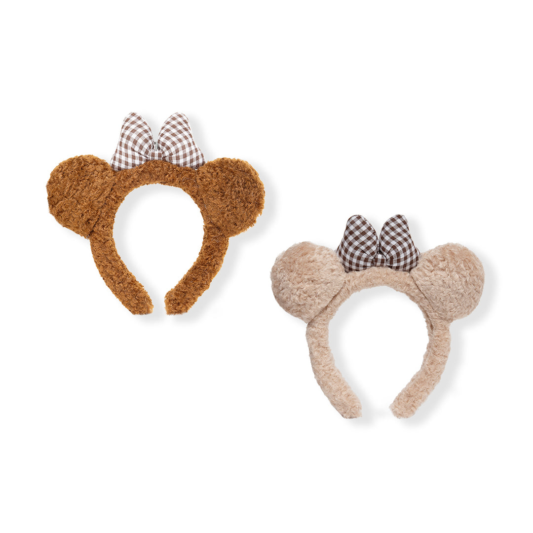 Plush Brown Bear Ear Headband with Checkered Bow For Girls One Piece