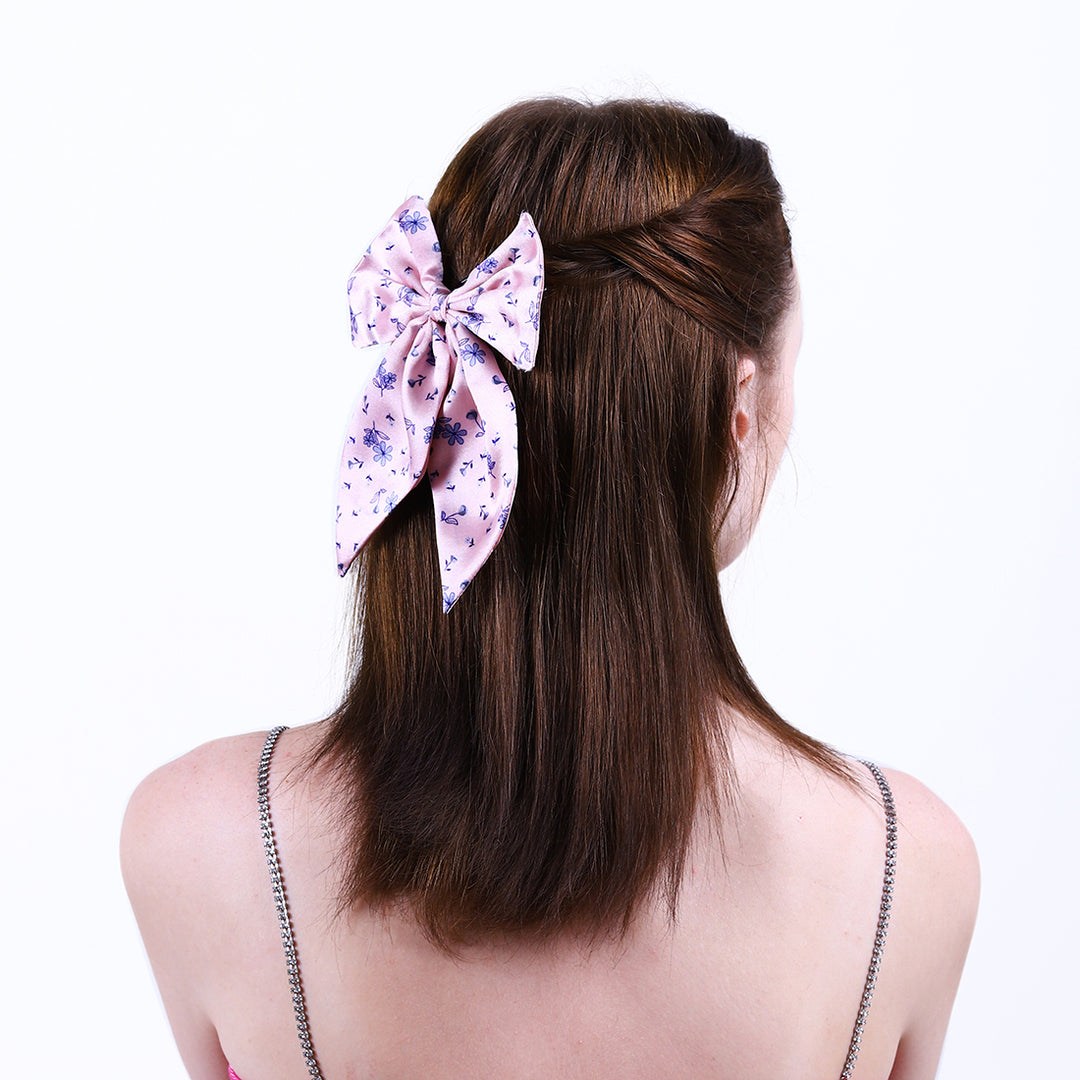 Pink Floral Print Hair Bow Clip Satin Hair Accessory Pack of 1