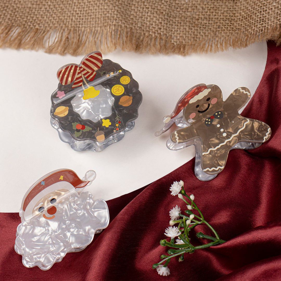 Christmas-Themed Hair Claw Clips - Festive Santa, Gingerbread & Wreath Set of 3