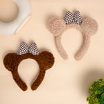 Load image into Gallery viewer, Plush Brown Bear Ear Headband with Checkered Bow For Girls One Piece