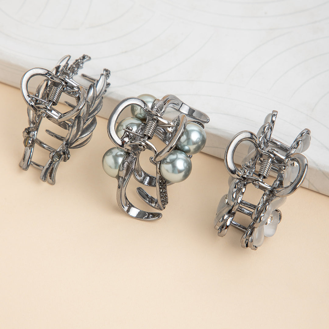 Elegant Silver Hair Clutcher Set for Women & Girls | Floral, Pearl & Leaf Design | Strong Grip & Stylish Metal Finish