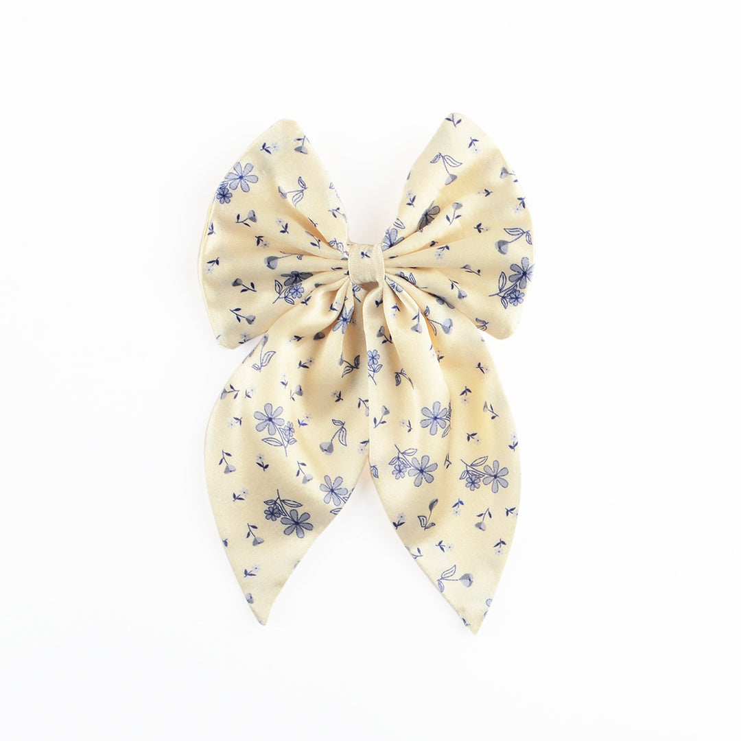 Satin Hairbow Clip Beige Floral Print Set of 1