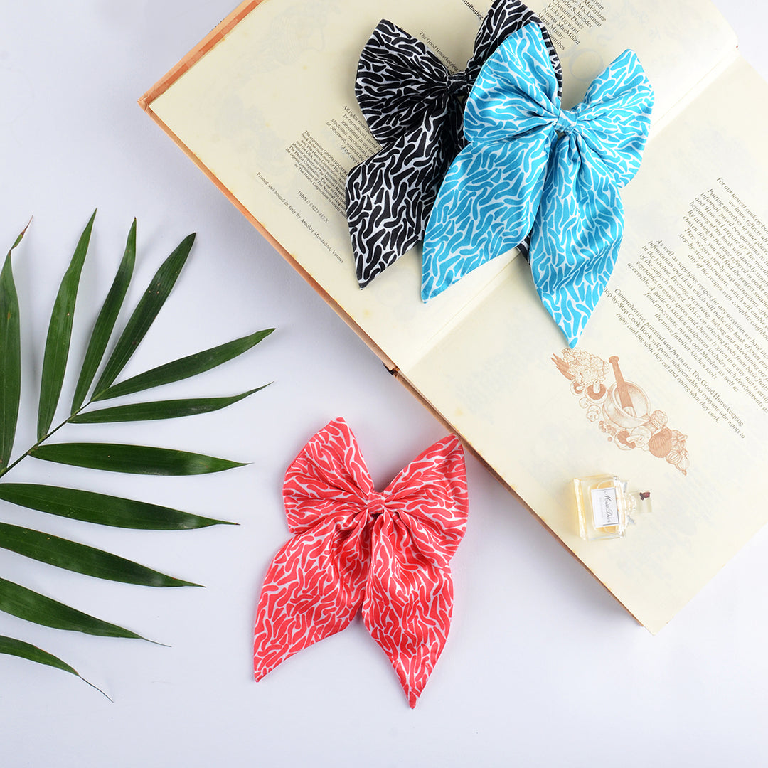 Hair Bow Clips Patterned Set of 3 in Black, Blue, and Coral