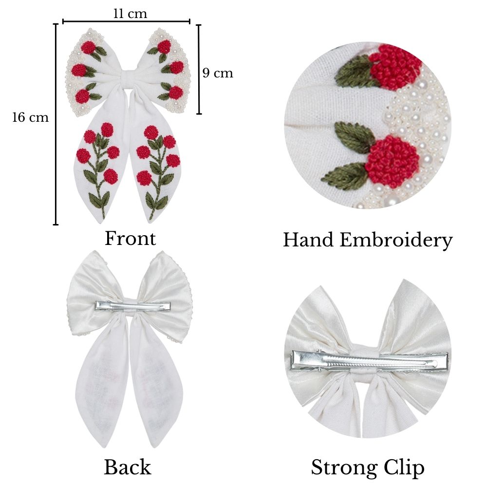 Floral Embroidered Hair Bow Clip Hair Accessories White 1 Pcs