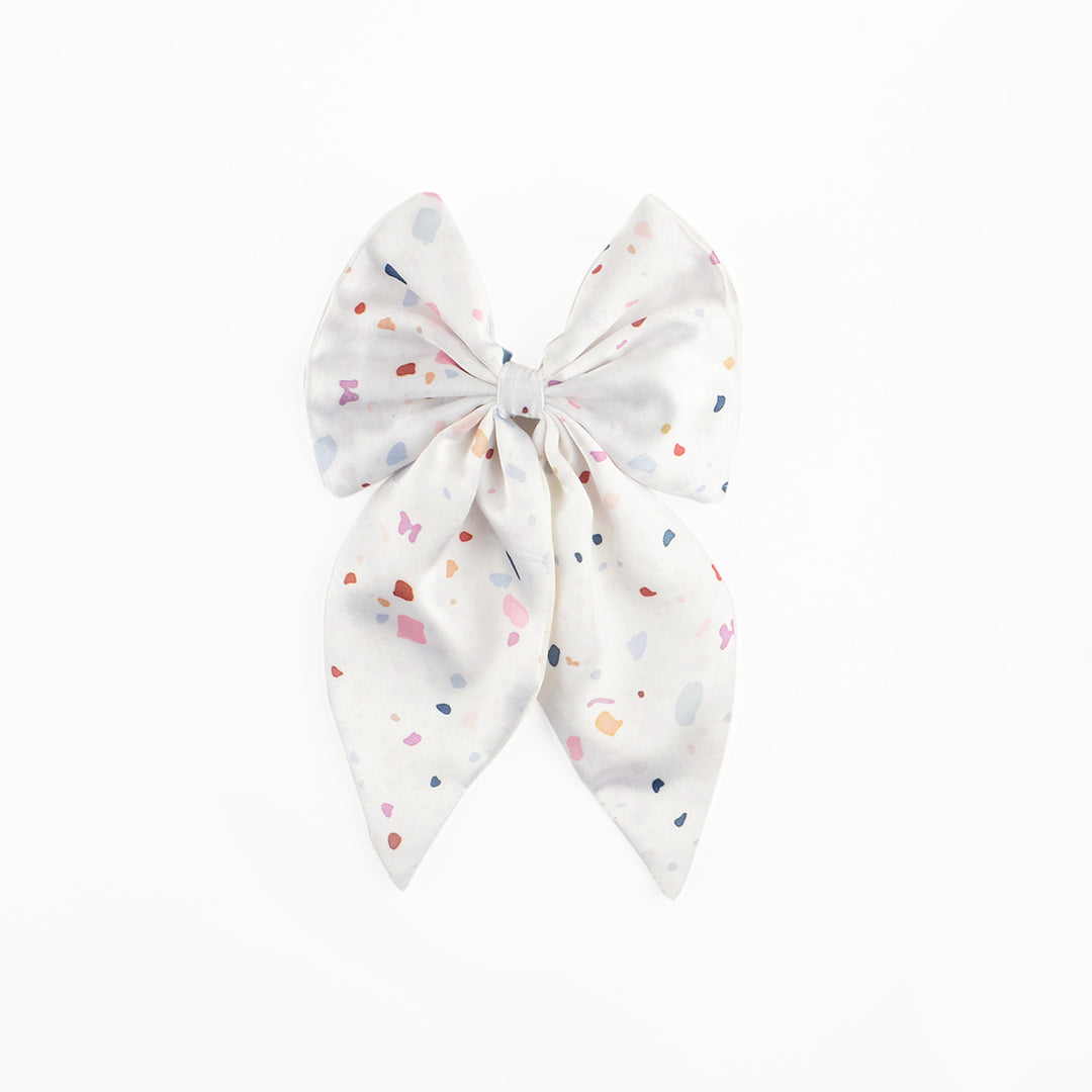 White Satin Hair Bow Clip with Confetti Print Set of 1