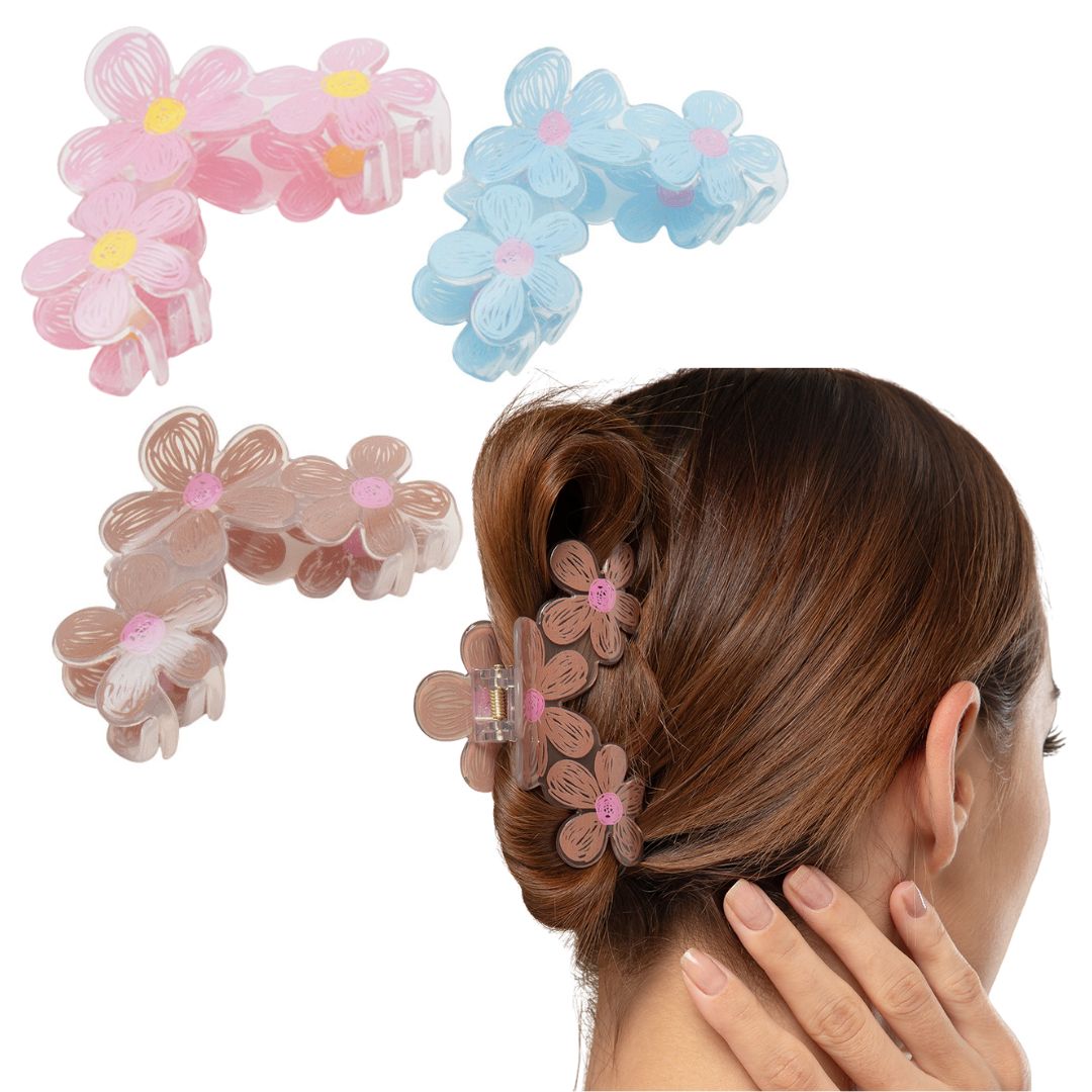 Flower Design Hair Claw Clips – Medium Size Pastel Clips Set of 3