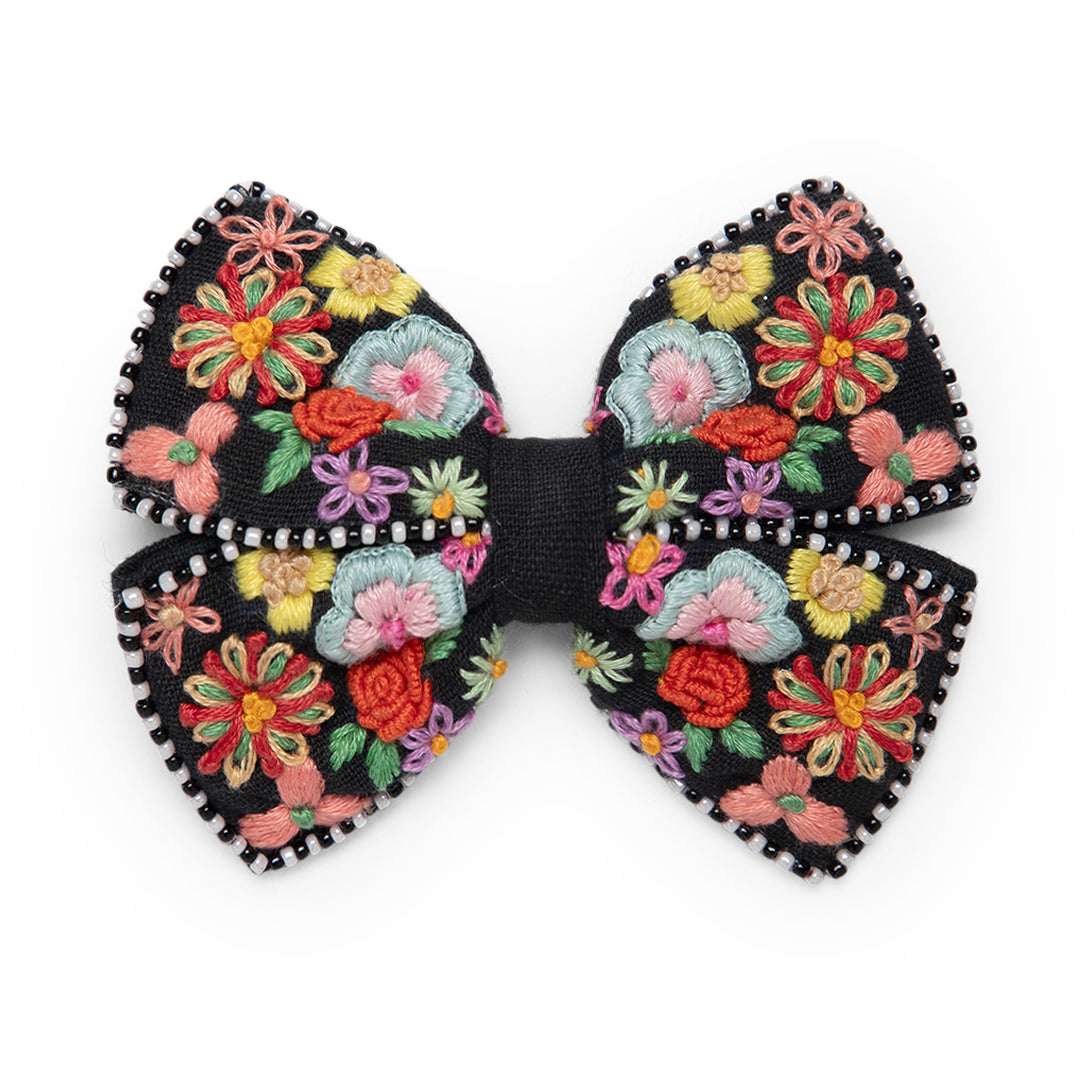 Black Floral Hair Bow with Alligator Clip Hand-Embroidered Design 1 Pcs