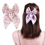 Load image into Gallery viewer, Pink Floral Print Hair Bow Clip Satin Hair Accessory Pack of 1
