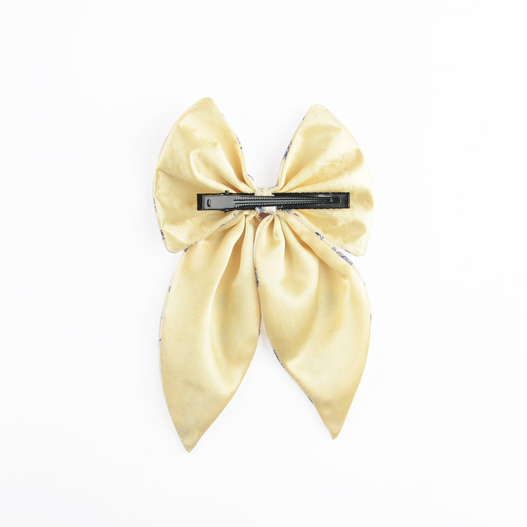 Satin Hairbow Clip Beige Floral Print Set of 1