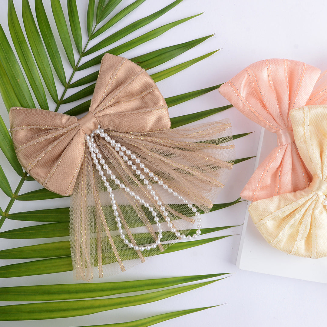 Net Hair Bow Clips with Pearl-Embellished Multi colour Set of 3