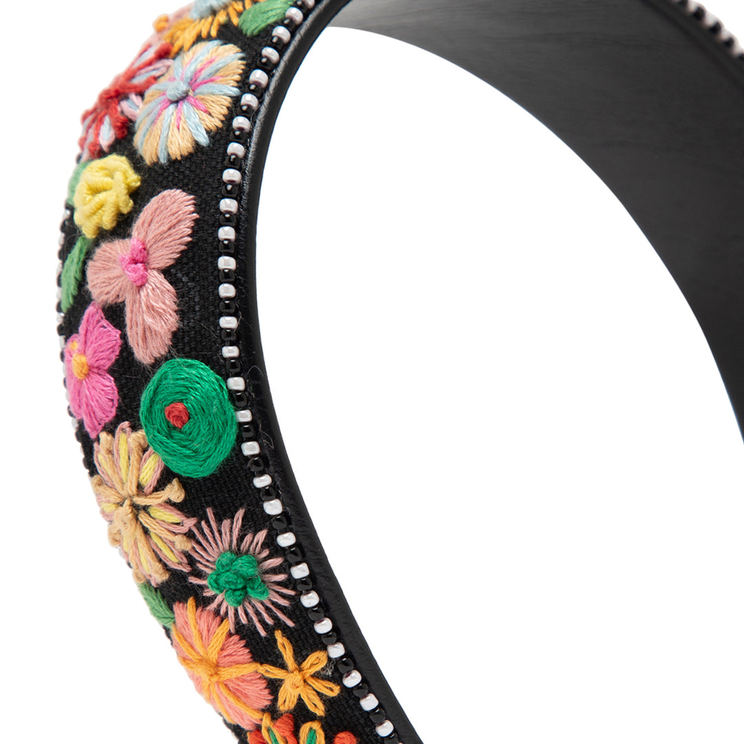 Black Wide Floral Hair Band Hand Embroidered 1 Piece