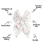 Load image into Gallery viewer, White Satin Hair Bow Clip with Confetti Print Set of 1
