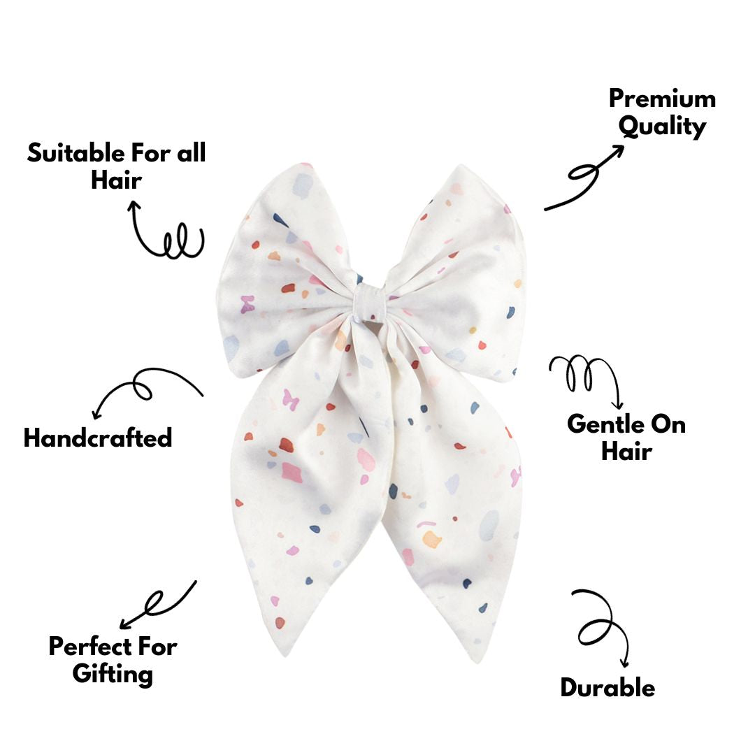 White Satin Hair Bow Clip with Confetti Print Set of 1