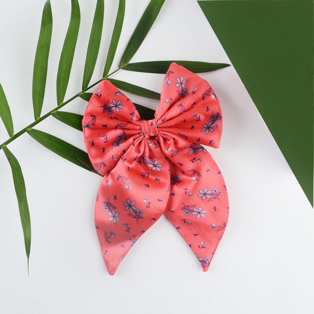 Floral Print Coral Satin Hair Bow Clip Hairpin Pack of 1