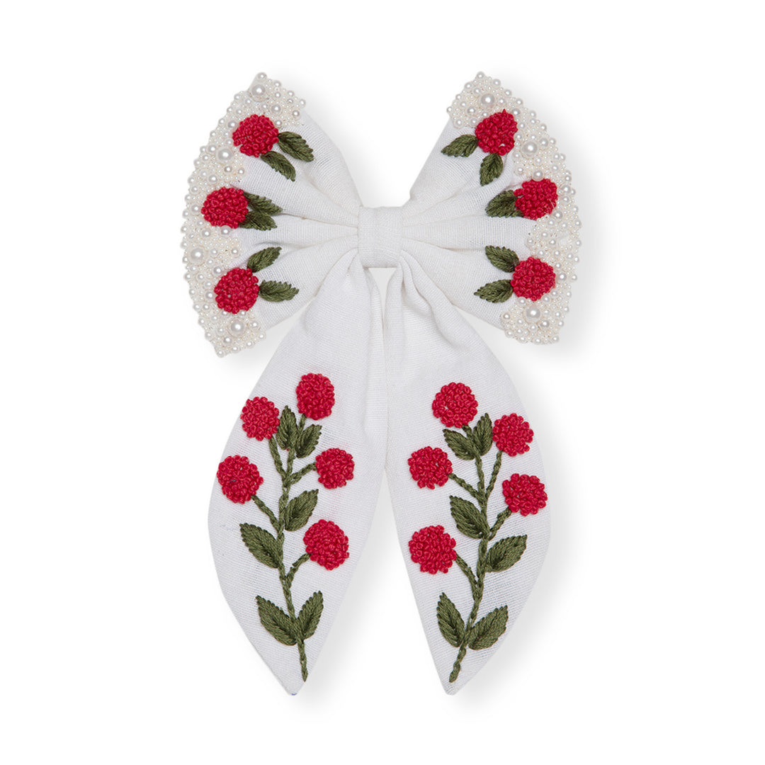 Floral Embroidered Hair Bow Clip Hair Accessories White 1 Pcs