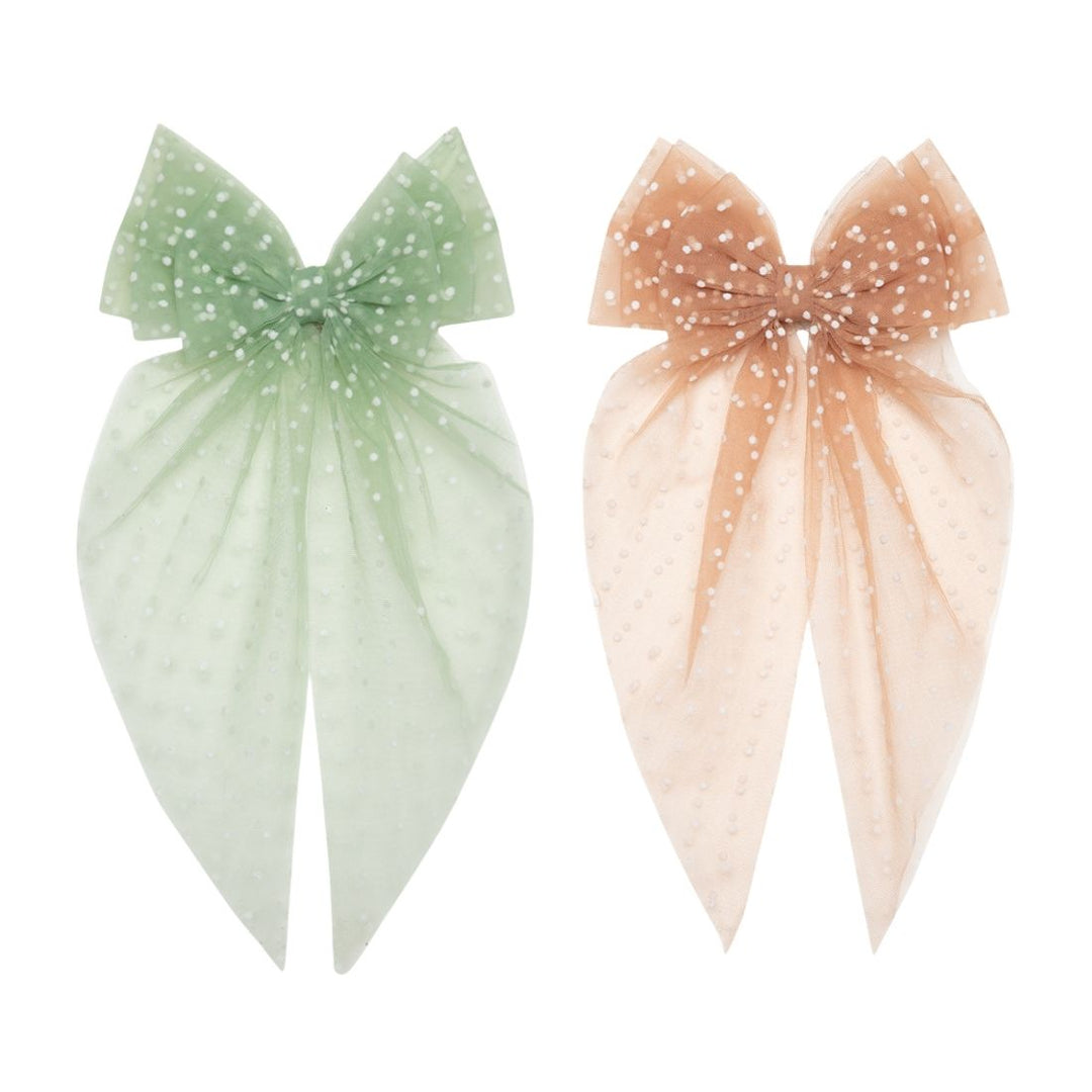 Polka Dot Net Tail Hairbow Green & Beige Colour Set of 2