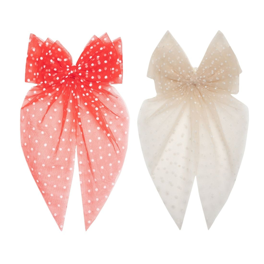 Coral Red & Peach Net Tail Hairbow Polka Dot Design Set of 2