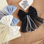 Load image into Gallery viewer, Elegant Hair Bow Clips with Pearls – Black, Gold, and Grey Set of 3
