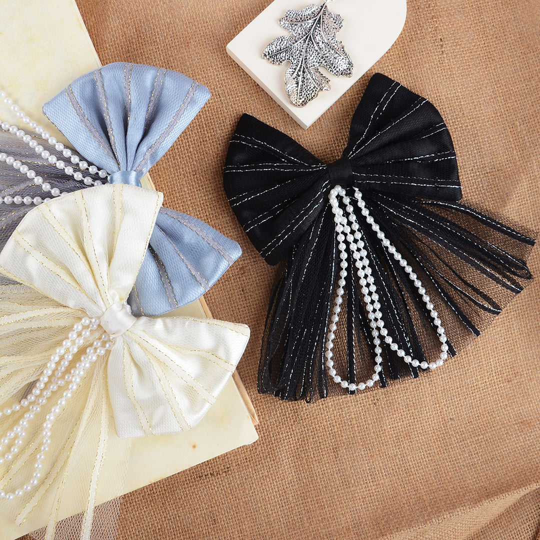 Elegant Hair Bow Clips with Pearls – Black, Gold, and Grey Set of 3