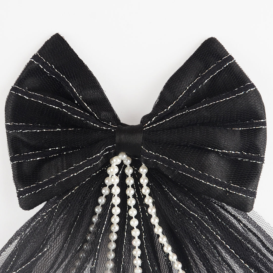 Elegant Hair Bow Clips with Pearls – Black, Gold, and Grey Set of 3