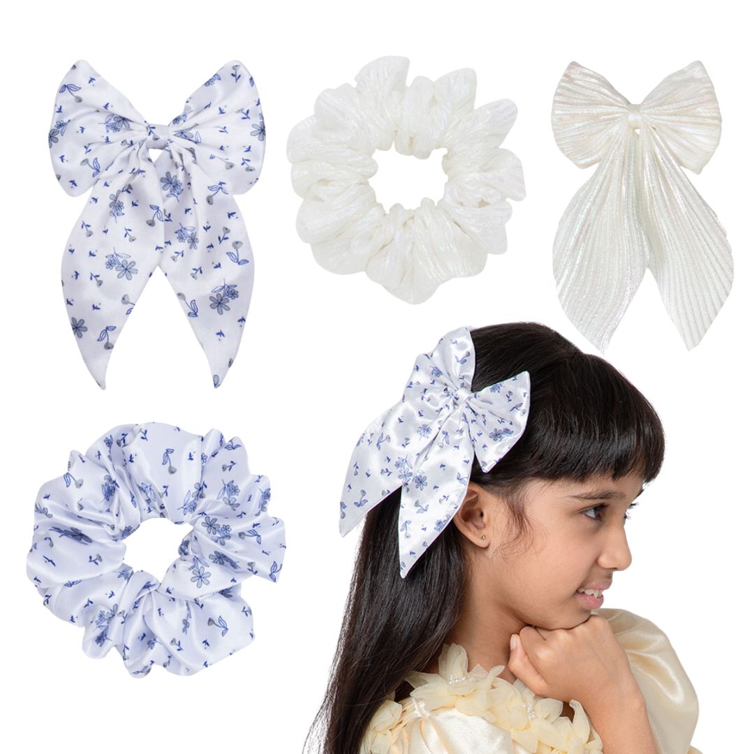 Hair Scrunchies & Hair Bow Combo Pack for Girls – Floral & White Hair Accessories