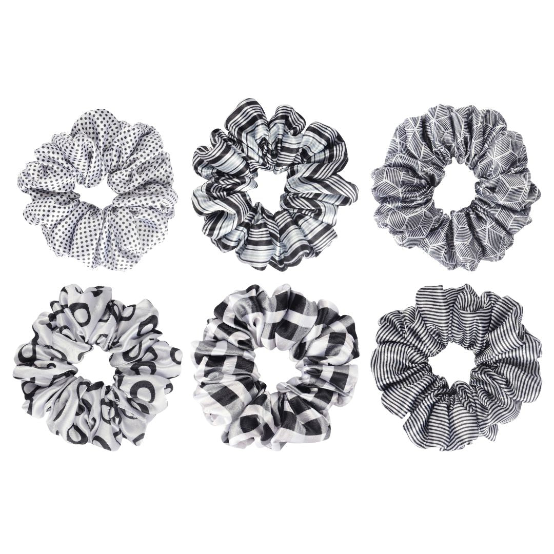 Hair Scrunchies Black & White Patterned Set of 6