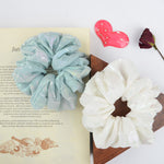 Load image into Gallery viewer, Fancy Hair Scrunchies White &amp; Blue Pack of 2
