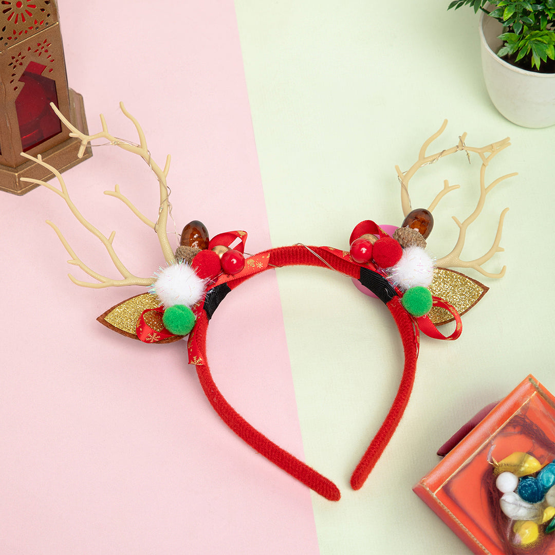 Christmas Red Reindeer Antler Hairband with Pom-Poms & Ornaments - Festive Accessory One Piece