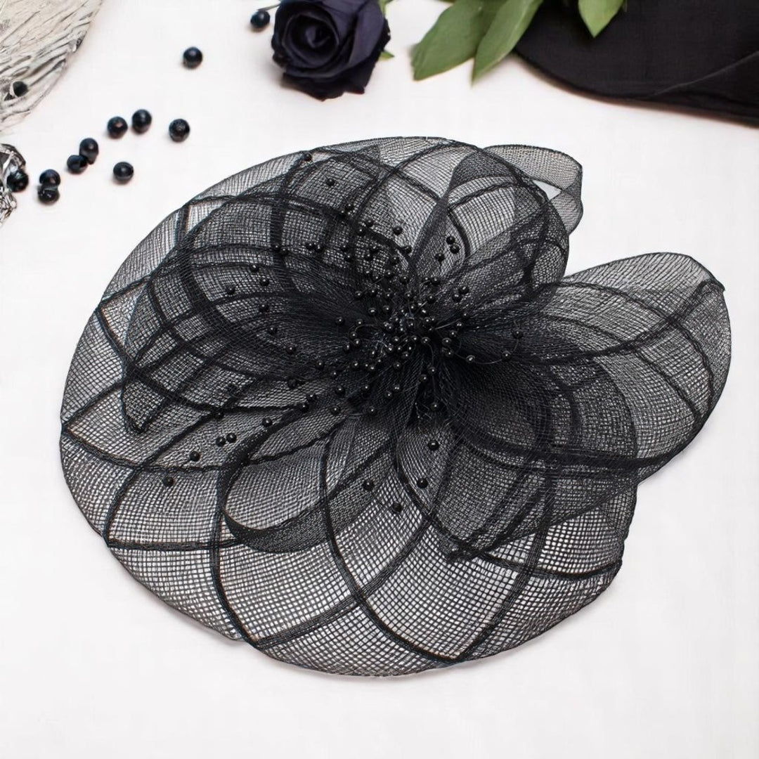 Radhu & Kabby Fascinator Hat for Girls/Women | Set of 1 Black Hat with Pearl Design | Includes Alligator Clip & Headband
