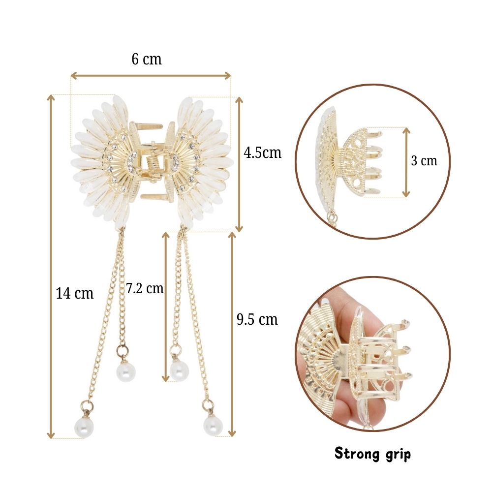 Elegant Butterfly Hair Clutcher with Pearl Chains and White Stones 1 Piece