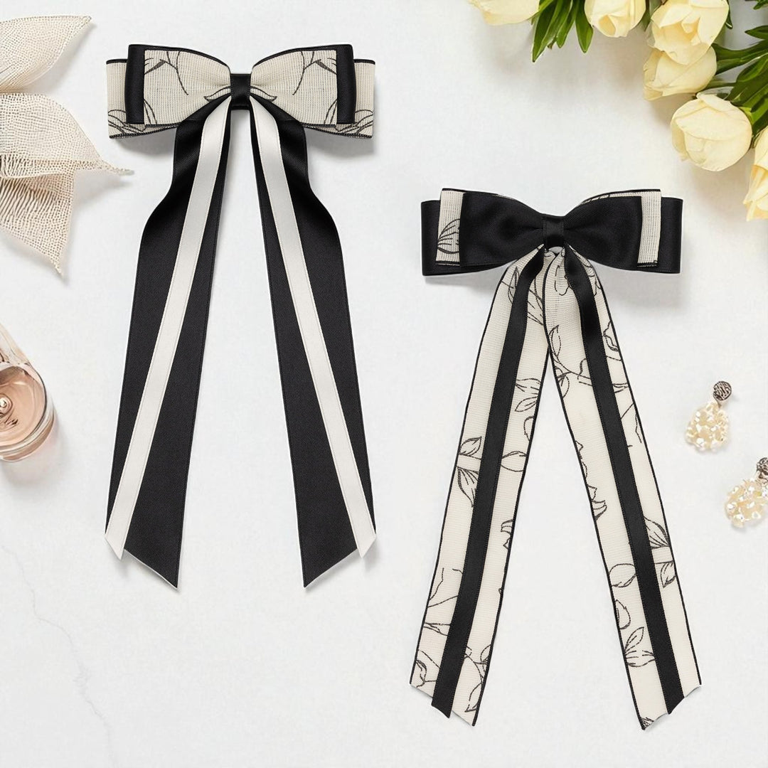 Elegant Black & White Hair Bows – Floral Print Ribbon Clips for Girls & Women