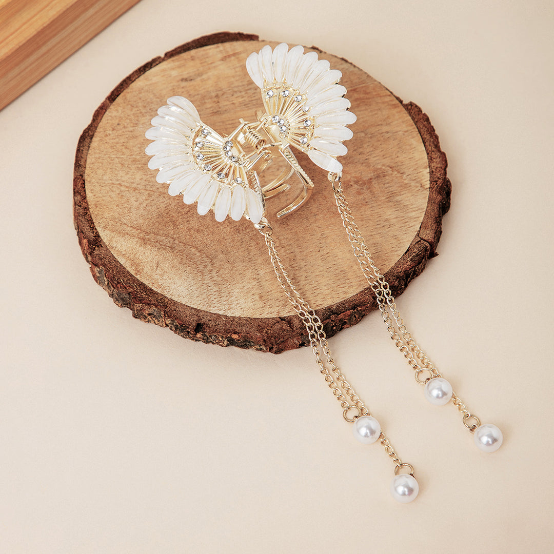 Elegant Butterfly Hair Clutcher with Pearl Chains and White Stones 1 Piece